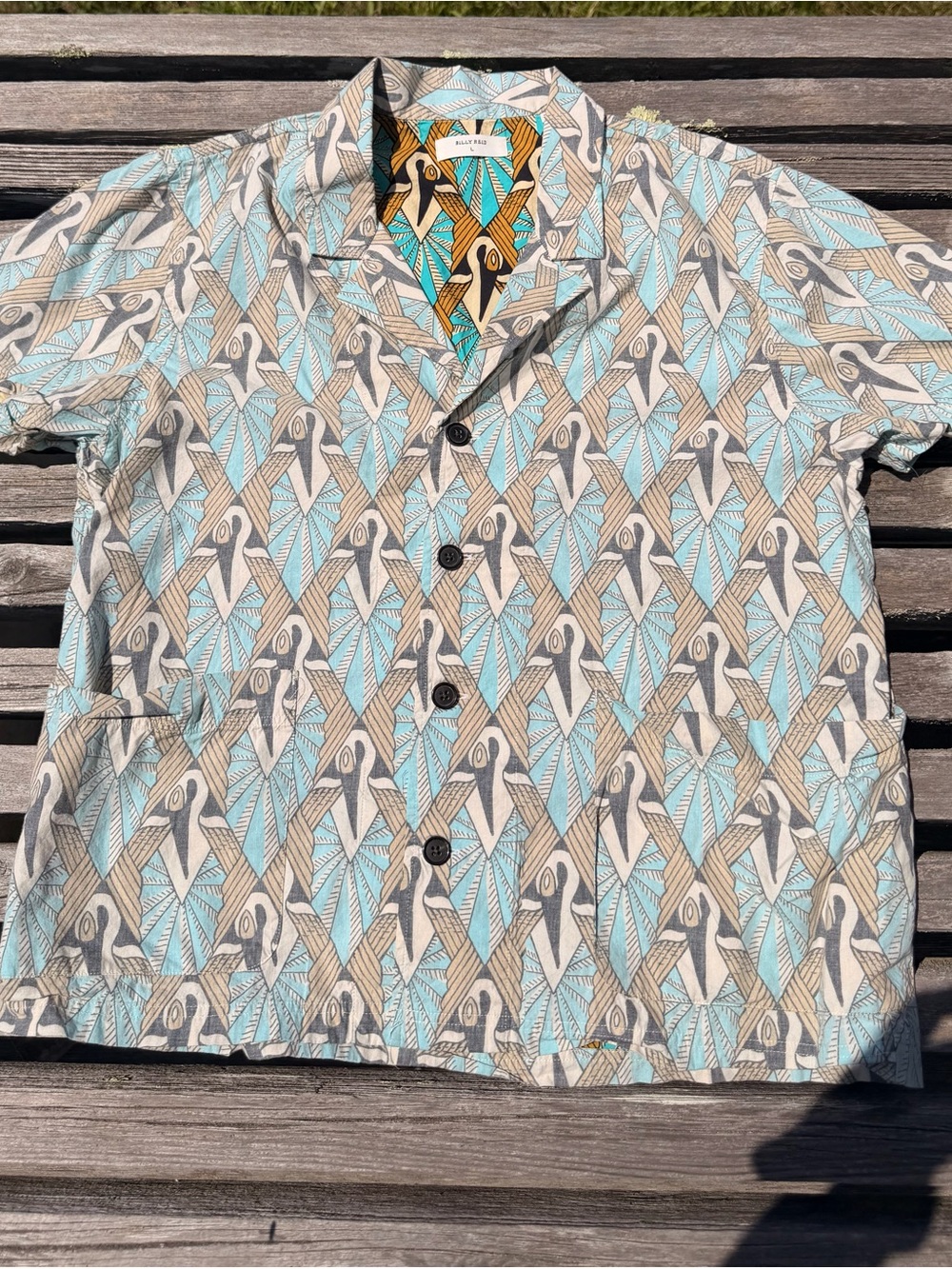 BILLY REID Vintage-Inspired Geometric Print Camp Shirt in Aqua & Taupe